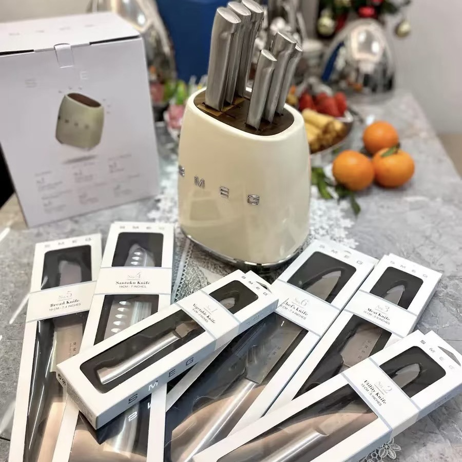 SMEG Cream Vintage Kitchen Knife Set with Stainless Steel Holder - Premium Household Cutlery Collection
