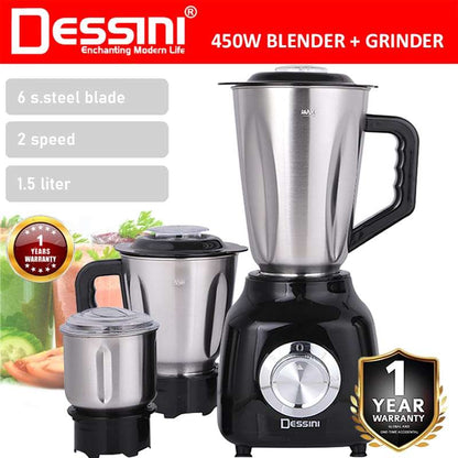 DESSINI Italy 1.5 Liters Stainless Steel Blender Grinder and Chopper 3 in 1 Complete Set