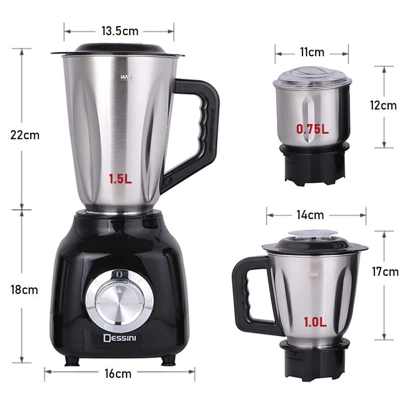 DESSINI Italy 1.5 Liters Stainless Steel Blender Grinder and Chopper 3 in 1 Complete Set