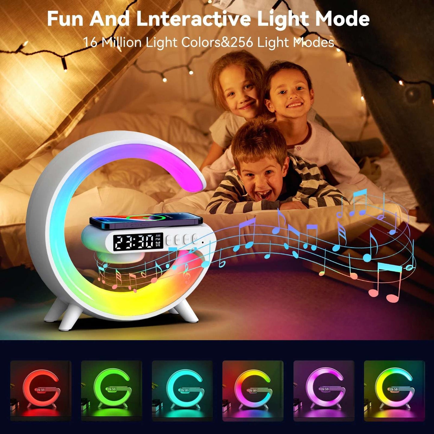 Gift Alarm Clock Wireless Charger With Speaker Colorful Night Light Wireless Mobile Phone Charger